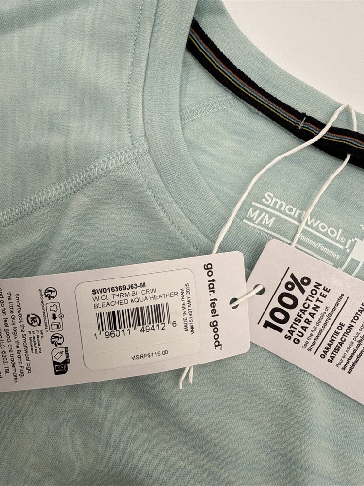 $115 Smartwool Women’s Merino Base Layer Crew Top-Bleached Aqua Heather -Medium