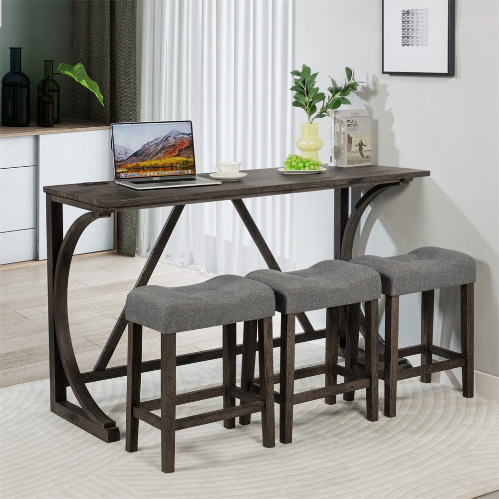 Bar Table Set with Power Outlet, Bar Table&Chairs Set, 4 Piece Dining Table Set