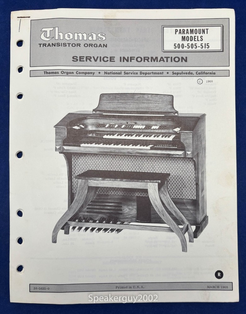 Original Thomas Organ Service Manual / Paramount 500 505 515