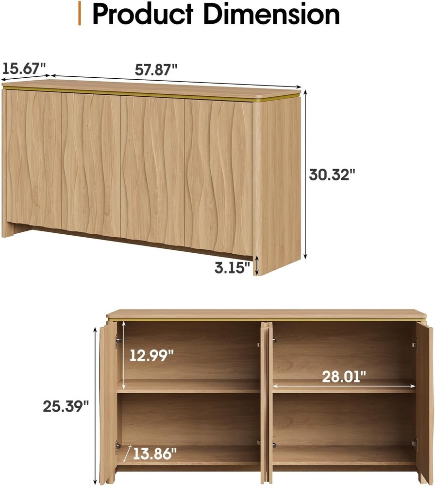 Fluted Buffet Cabinet with Storage, 3D Ripple Pattern Doors and Curved