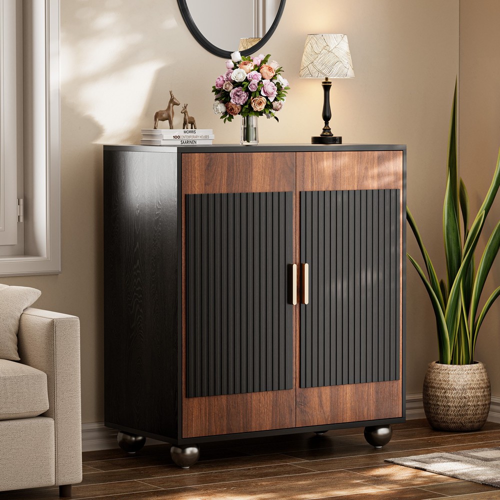 Fluted Sideboard Cabinet with Storage Solid Wood Buffet for Living Dining Room