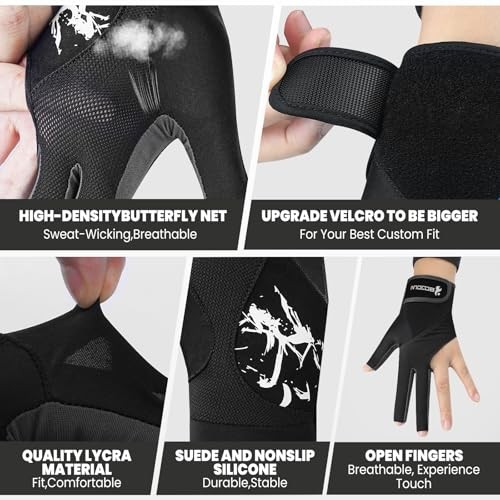 Billiard Pool Gloves for Left Hand 3 Finger, Splicing Process, Large Black