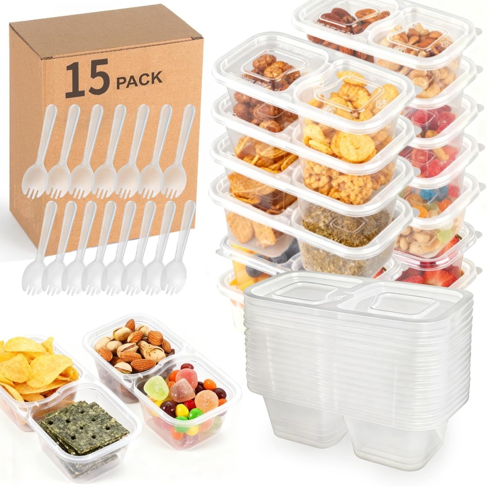 15 Pack Reusable Snack Containers with Lids, Double Compartment 15