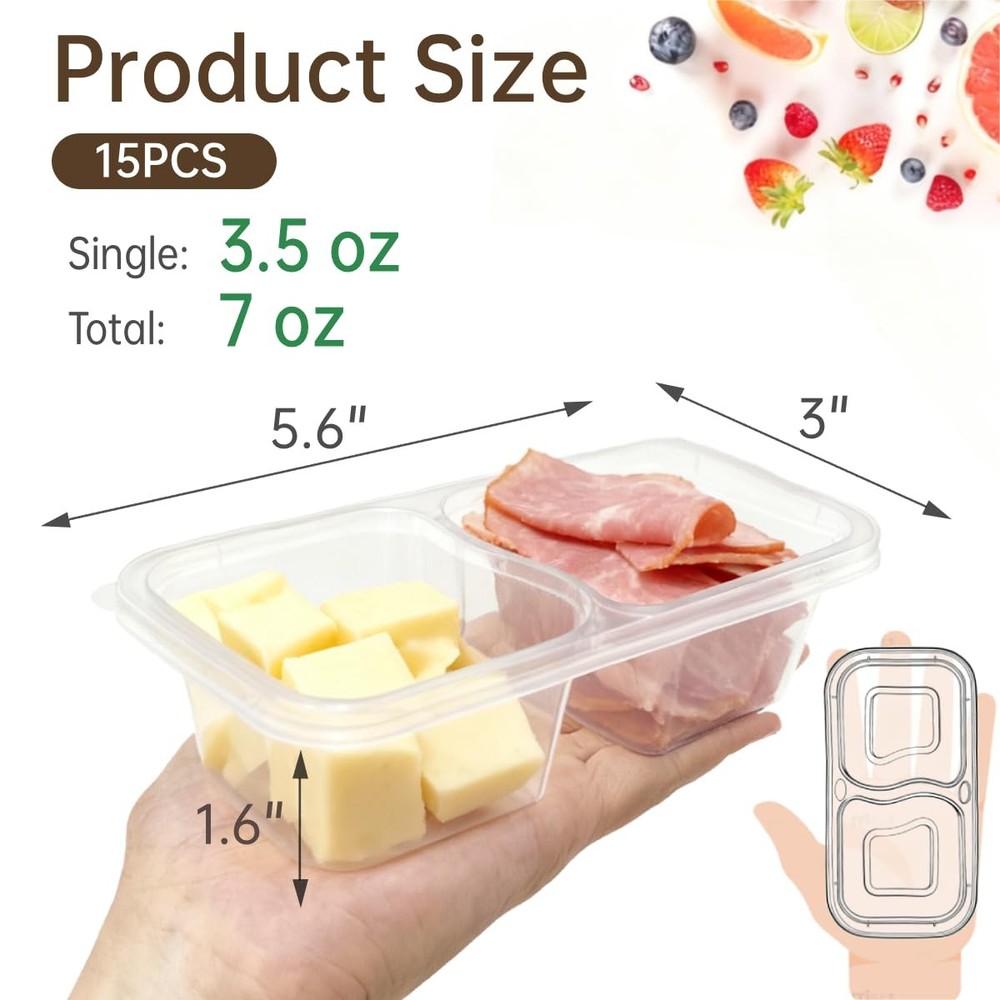 15 Pack Reusable Snack Containers with Lids, Double Compartment 15