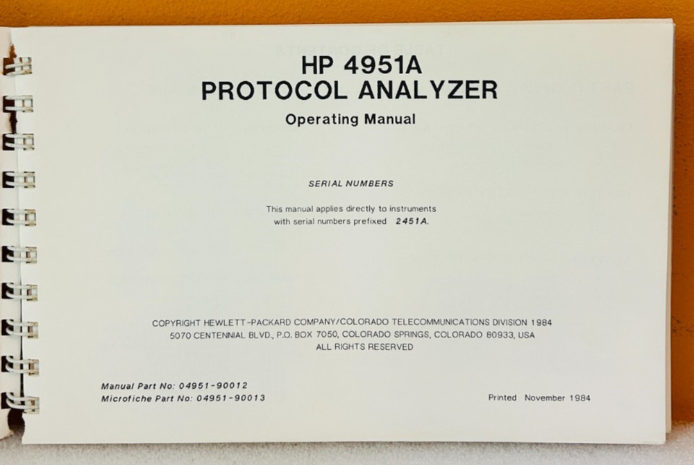 HP 04951-90012 1984 HP 4951A Protocol Analyzer Operating Manual.