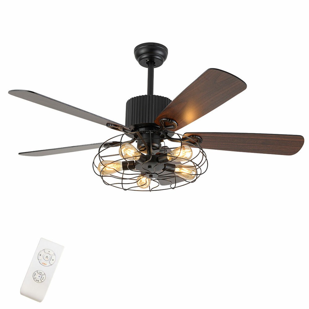 52" Ceiling Fan With Light Cage Rustic LED Chandelier Light 5-Blades with Remote