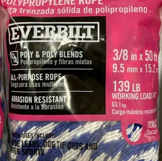 Everbilt 3/8 Inch X 50 Feet Solid Braid Polypropylene Rope