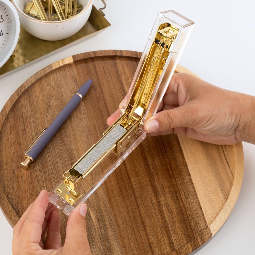 Compact Clear Acrylic Gold Stapler - 20 Sheet Capacity, Half Strip Design