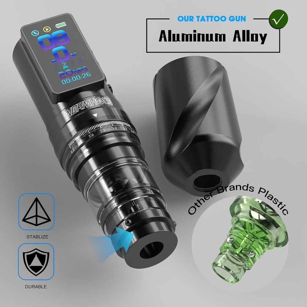 Complete Wireless Tattoo Kit: Adjustable Stroke Machine, 2300mAh Dual Batteries