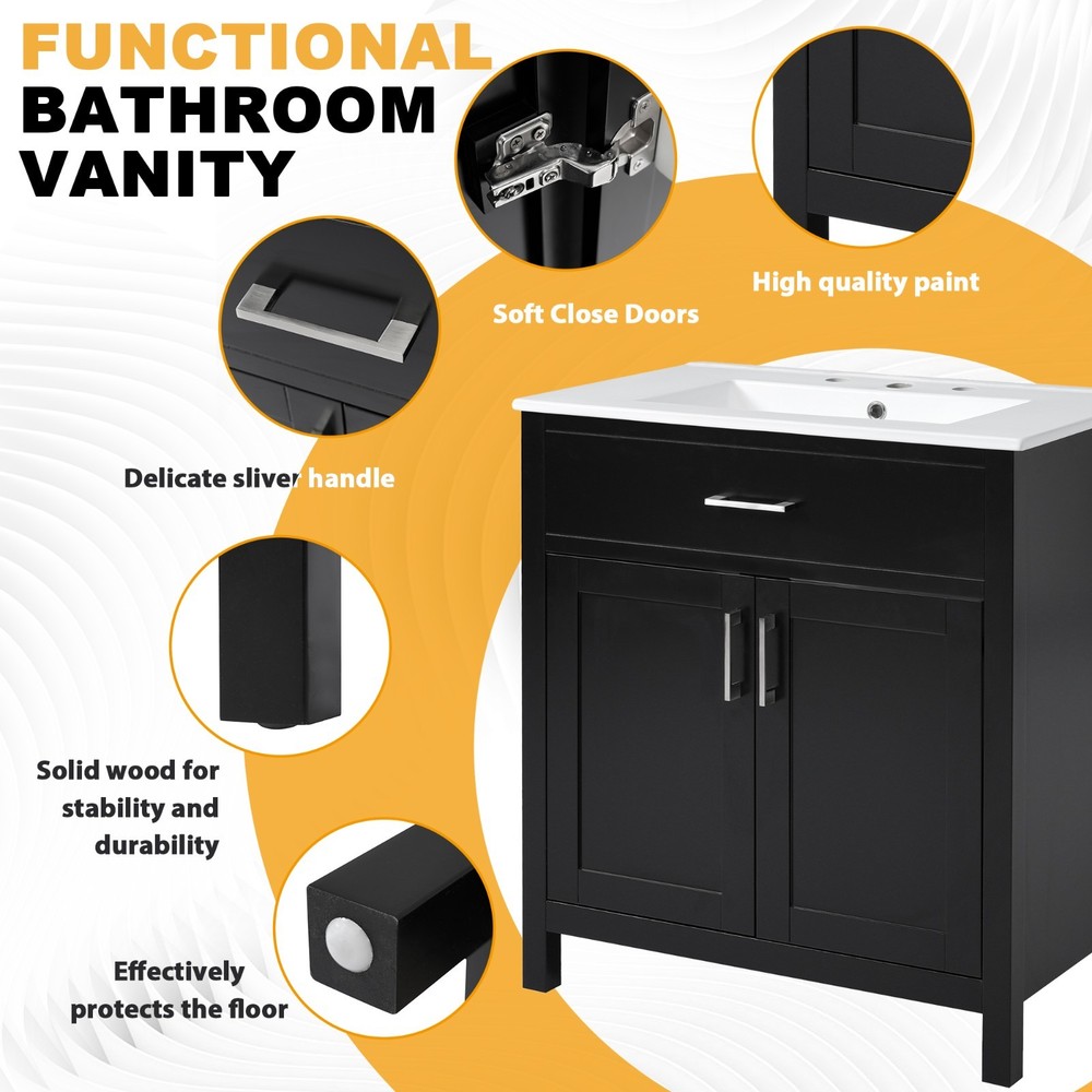 30-Inch Black Bathroom Vanity with Ceramic Sink and Ample Storage