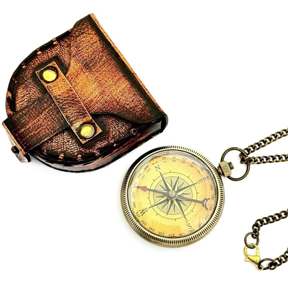 Vintage Brass Compass with Chain & Leather Case - Nautical Maritime Gift