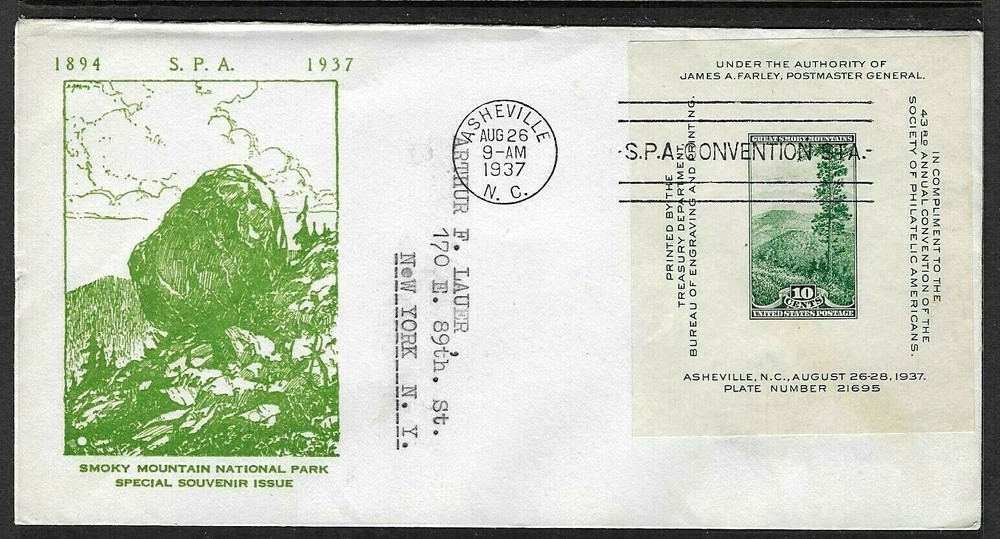 797 10c SS ISSUE (1937) SPA & GREAT SMOKY MOUNTAINS FDC FROM UNKNOWN