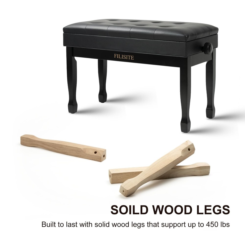 Adjustable Height Piano Bench with Storage, Solid Wood Duet Keyboard Stool, W...