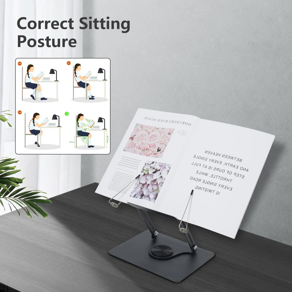 Book Stand Reading Multi-Angle Height Holder 360 Swivel Base Foldable Rack