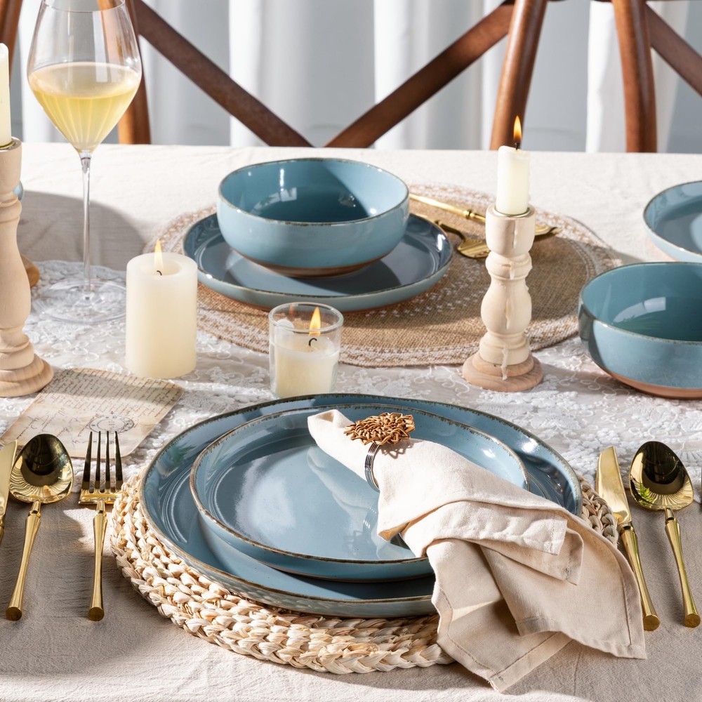 AmorArc Ceramic Dinnerware Sets for 4, 12 Pieces For 4(12Pcs), Stone Blue
