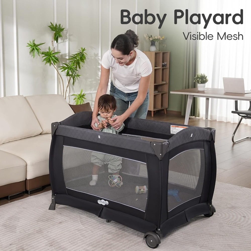 Foldable Playard with Changing Table & Diaper Organizer - For Newborns, Grey