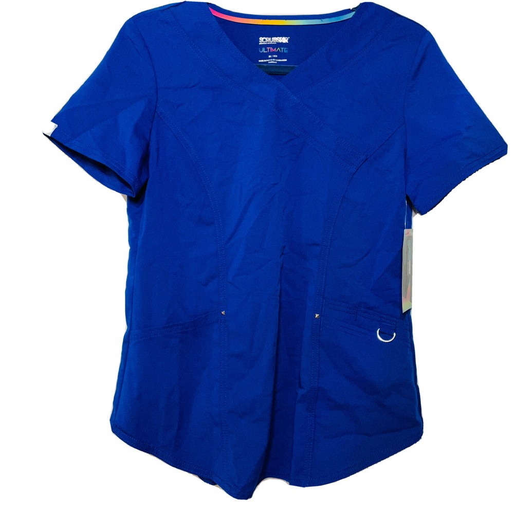 Womens XL Solid Blue Scrub Top Mock Wrap V Neck Premium Ultimate Scrubstar