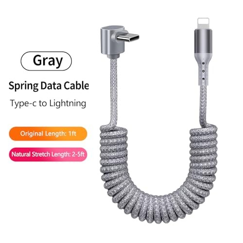Fast Charging 90 Degree Coiled USB-C Cable, 1 Pack 5FT Elbow-USB-C-Gray