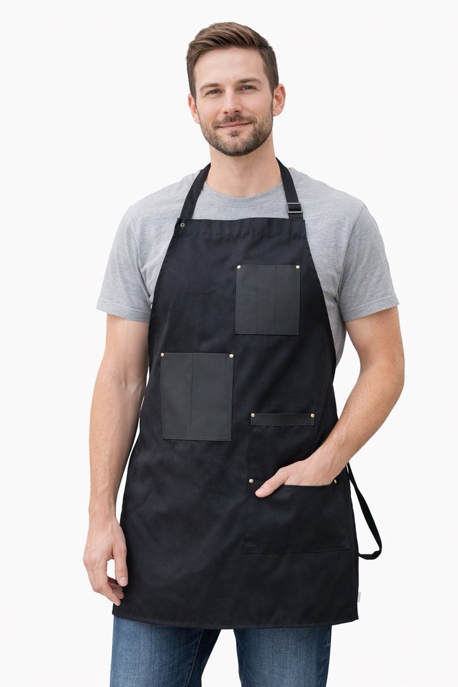 Black Polyester Work Apron with Multiple Pockets Solid Unisex RN 129386