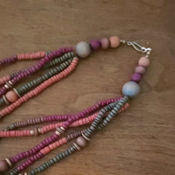 Beaded Solid String Style Layered Wooden Necklace Vintage Boho Handmade 14 inch
