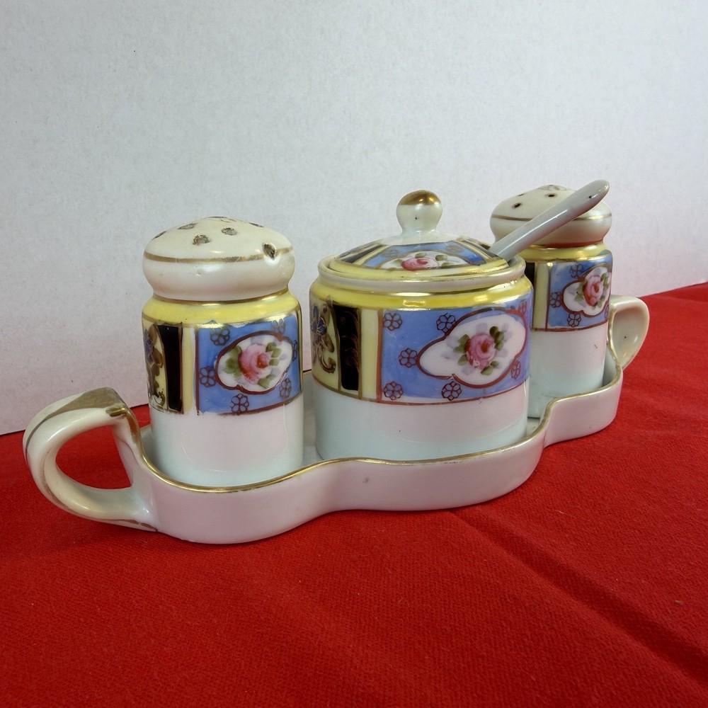 Noritake Lusterware Hand Painted Condiment Set Salt Pepper Jar Spoon Plate 6 Pc