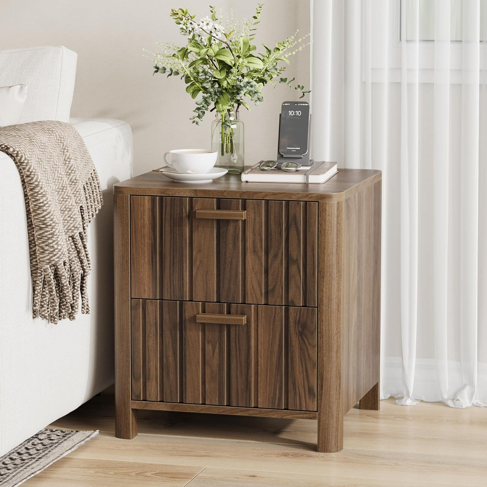 Walnut Fluted Mid Century Nightstand with Seamless Drawer and Solid Wood Handle
