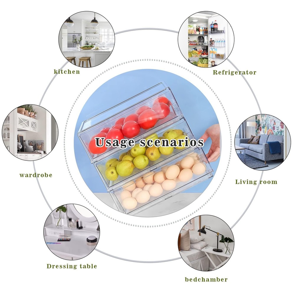 2 Pack Stackable Refrigerator Drawers Pull Out Bins Clear Fridge Drawer Organ...