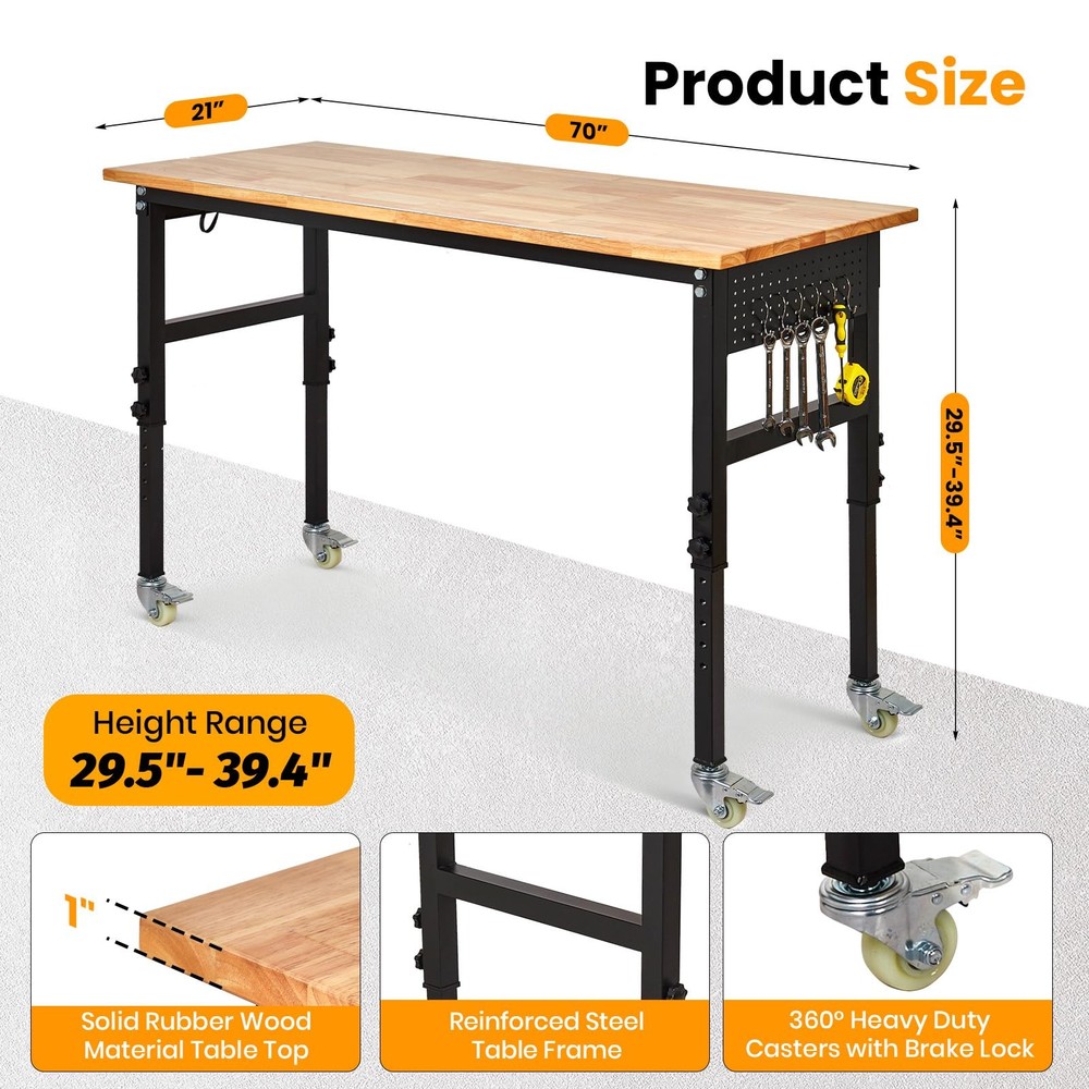 Adjustable Height Workbench 70" Wood Work Bench Table 2000 Lbs with Power Outlet