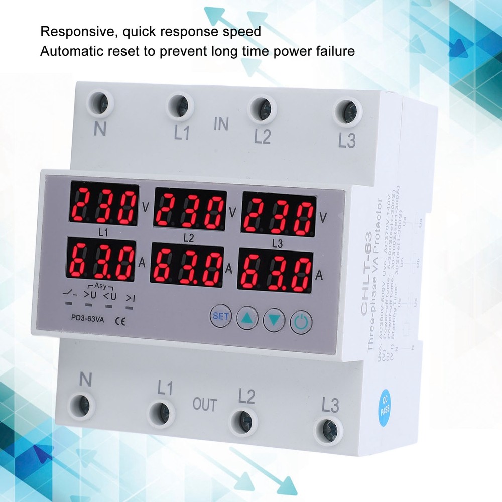 3 Phase DIN Rail Voltmeter Ammeter Auto Overvoltage Overcurrent Protector AC 63A