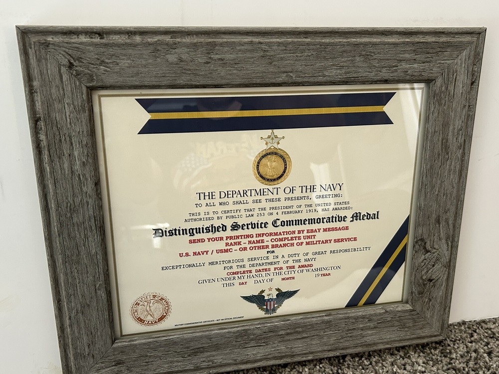 NAVY DISTINGUISHED SERVICE COMMEMORATIVE MEDAL CERTIFICATE ~ CUSTOM PRINTING T-1
