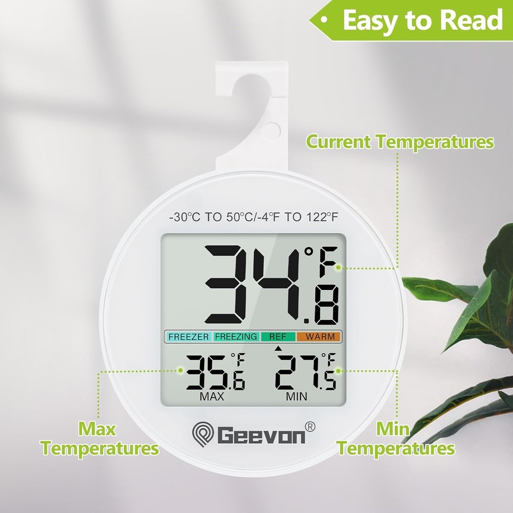 Geevon Small Digital Refrigerator Thermometer 3 Pack, IP65 8724, White