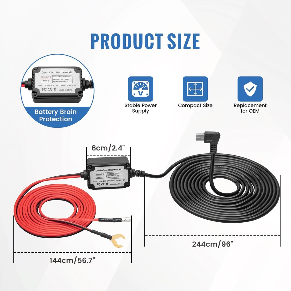 3-in-1 Micro USB & Mini USB Type-C Dash Cam Hardwire Kit Car Charging Power C...