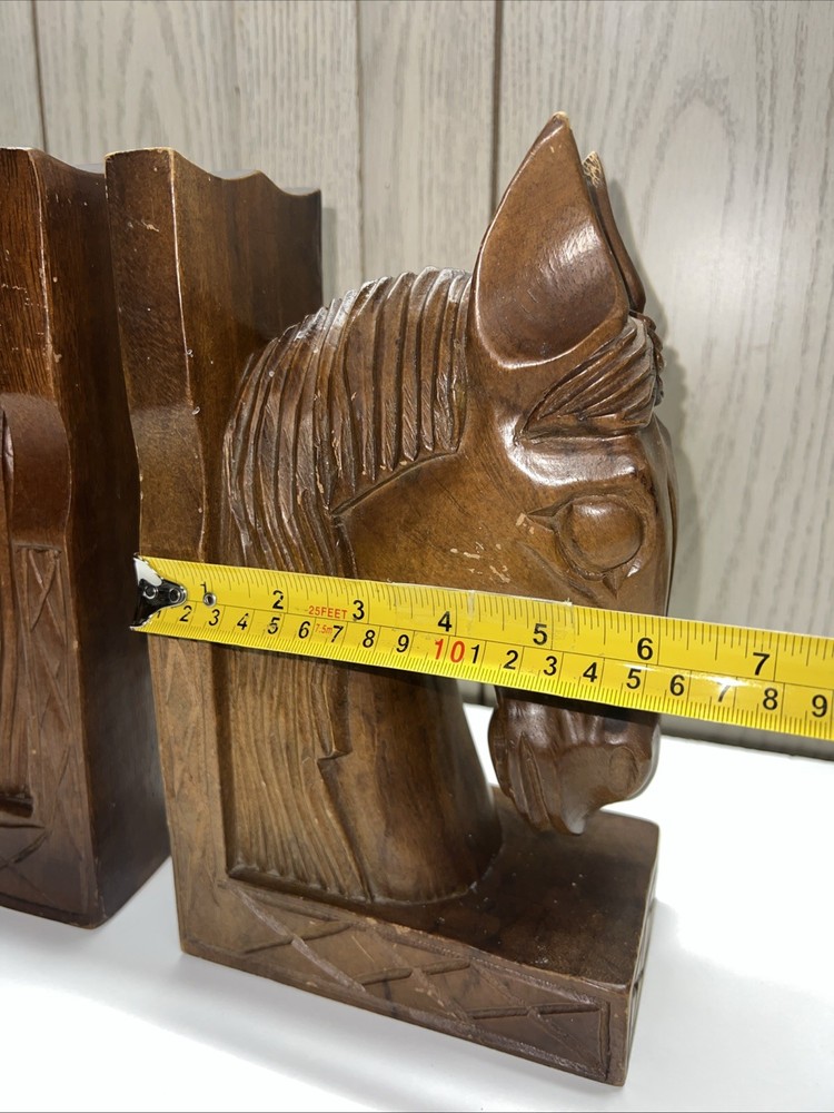 Vintage Pair Monkey Pod Solid Wood Horse Bookends Rustic GUC