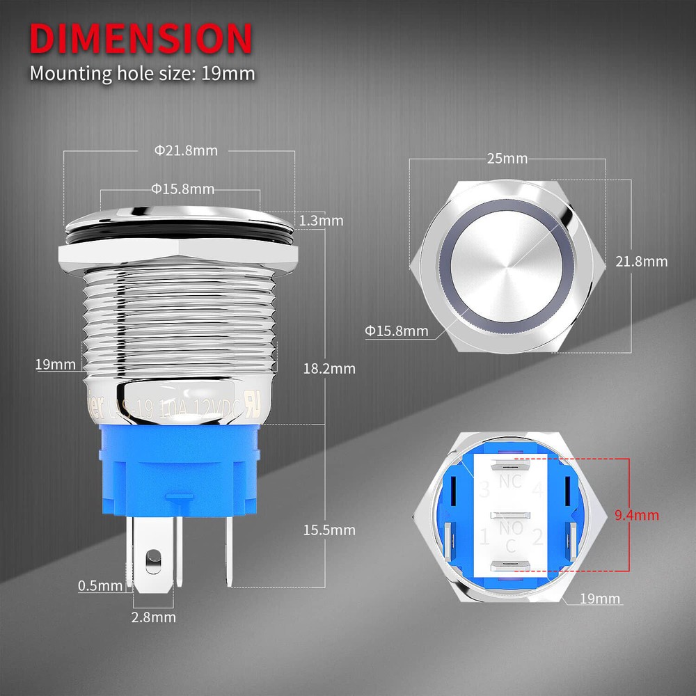19mm 12V LED ON OFF Push Button Power Switch Latching with Wire Socket HarnessUS