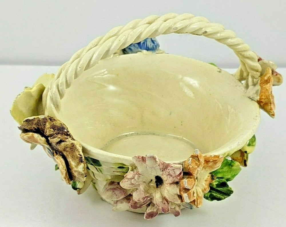Vintage Ceramic Flowered Basket Braided Handle Italy