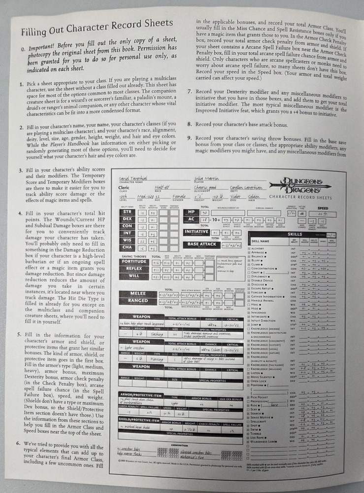 Dungeons & Dragons WotC D&D 3rd Ed Character Sheets 3.0 VG+