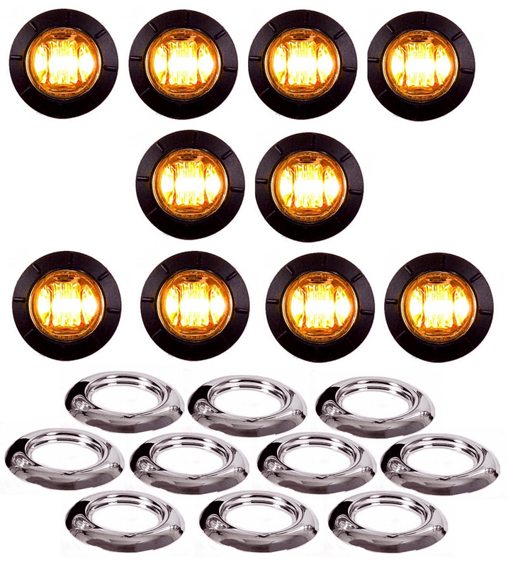 10 Maxxima 3/4" Amber 3 LED Penny Marker Clearance Lights M09300Y w/ 10 bezels
