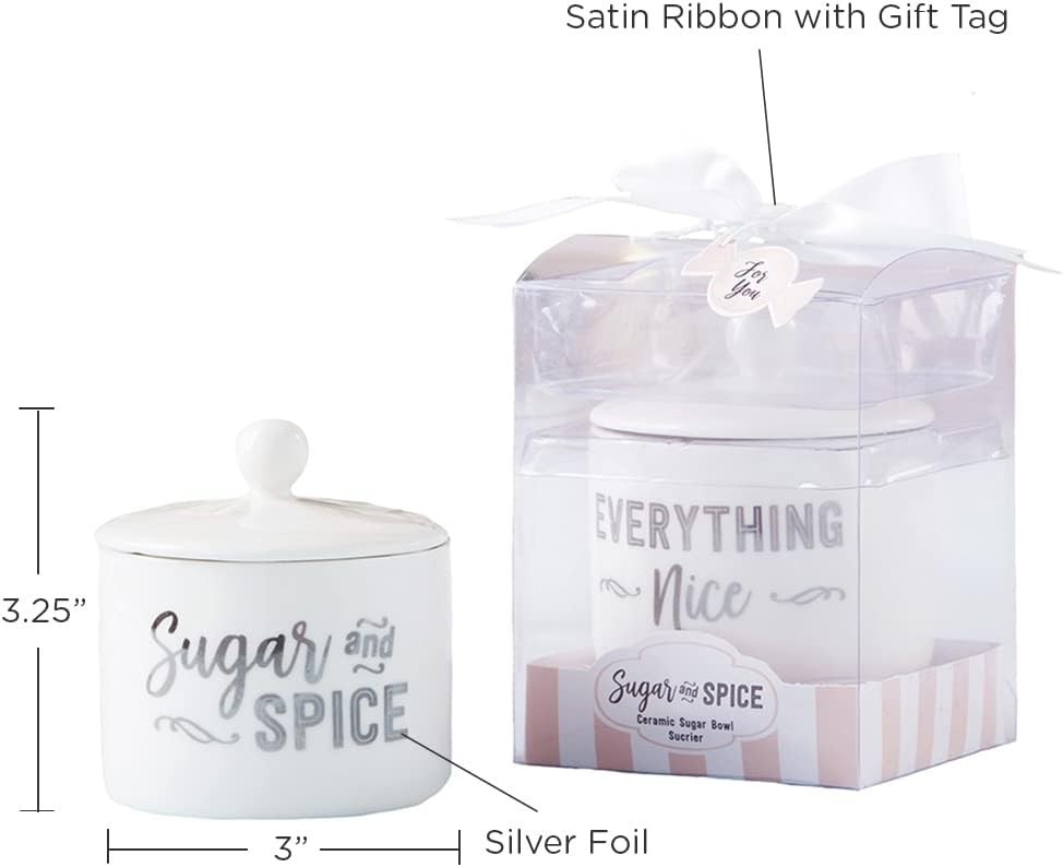 Ceramic Sugar Container/Bowl, Spice and Everything Nice, White with Silver Fo...