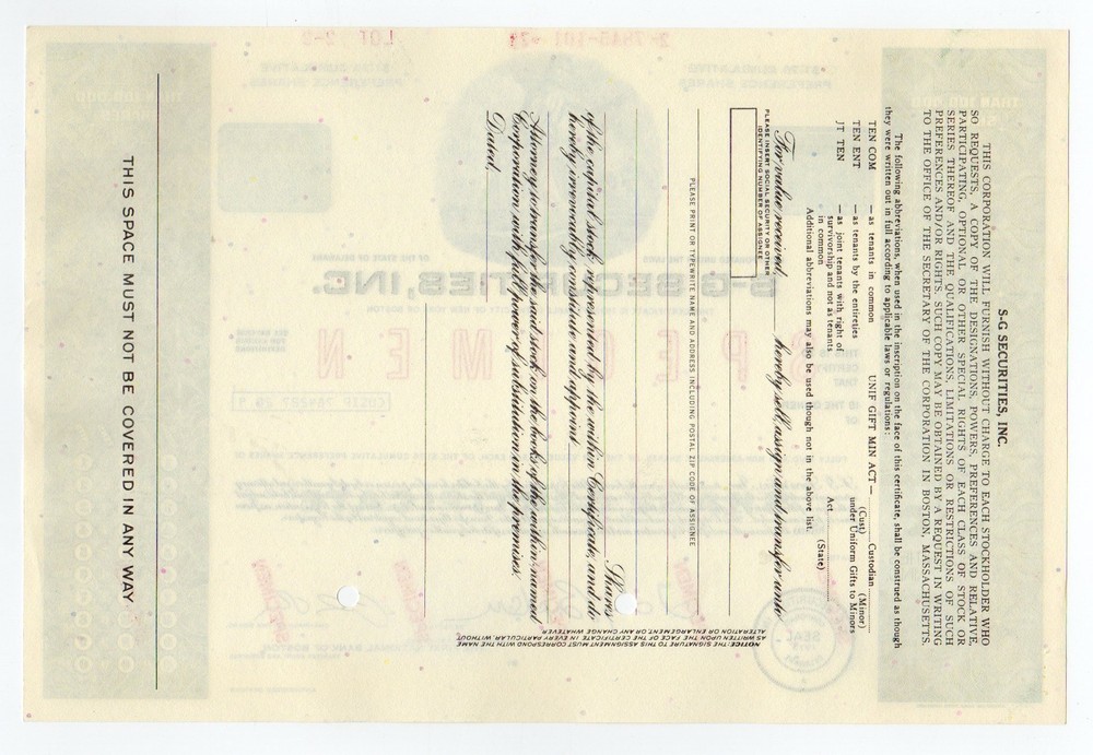 SPECIMEN - S-G Securities, Inc. Stock Certificate