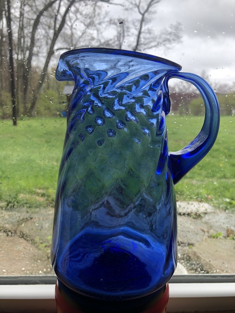 Large Cobalt Swirl Blown Glass Pitcher