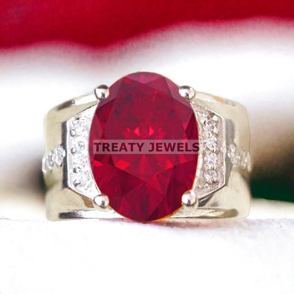 Ruby Oval Cut Gemstone With 14K Solid White Gold Ring For Men's #A520