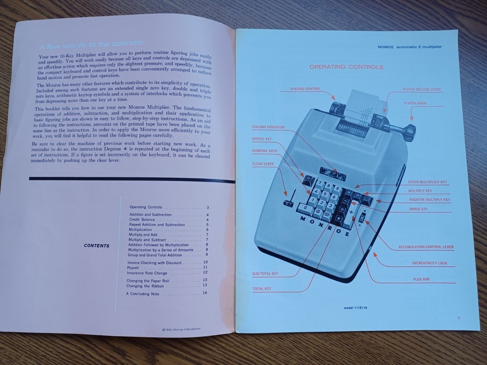 Vintage 1966 Operation Instructions Monroe Automatic E Multiplier Model 111E116