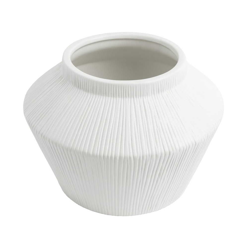 Black Ribbed Ceramic Angular Short Vase 6" W/ Modern Minimalist Style