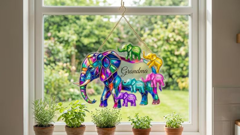 Personalized Elephant Family Acrylic Suncatcher