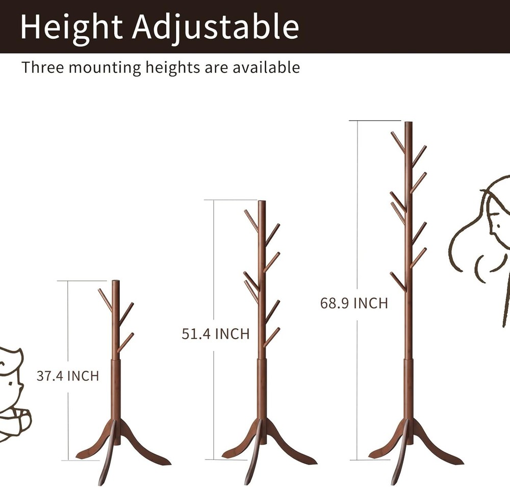 Elegant Bamboo Coat Rack with 8 Hooks - Adjustable Height & Space-Saving Design
