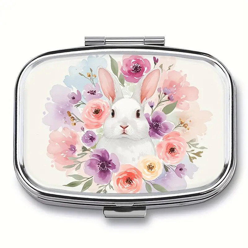 Pink Floral Rabbit Design Metal Pill Box - 2 Compartment Portable Size