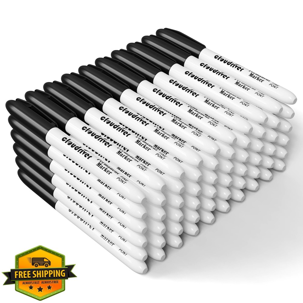 cloudriver Black Permanent Markers Fine Tip 60 Pack Bulk Quick Dry