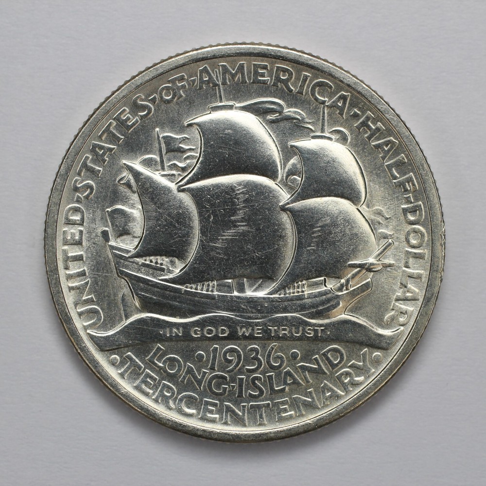 1936 Long Island Silver Half Dollar Cleaned UNC