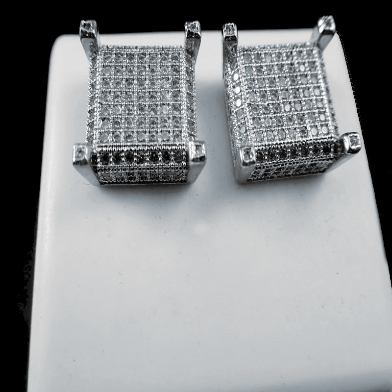 14K WHITE G/P LAB SIMULATE DIAMOND CUBE SQUARE BLOCK STUD EARRING 18 MM UNISEX