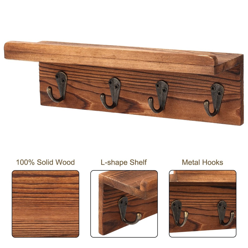 Rustic Key Holder for Wall, Farmhouse Wall Shelf with 4 Hooks, Wall Mounted Key